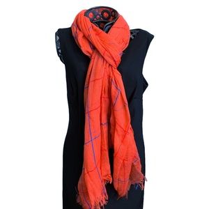 Look by M Scarf, Shawl, Wrap in Coral with Red and Blue Plaid